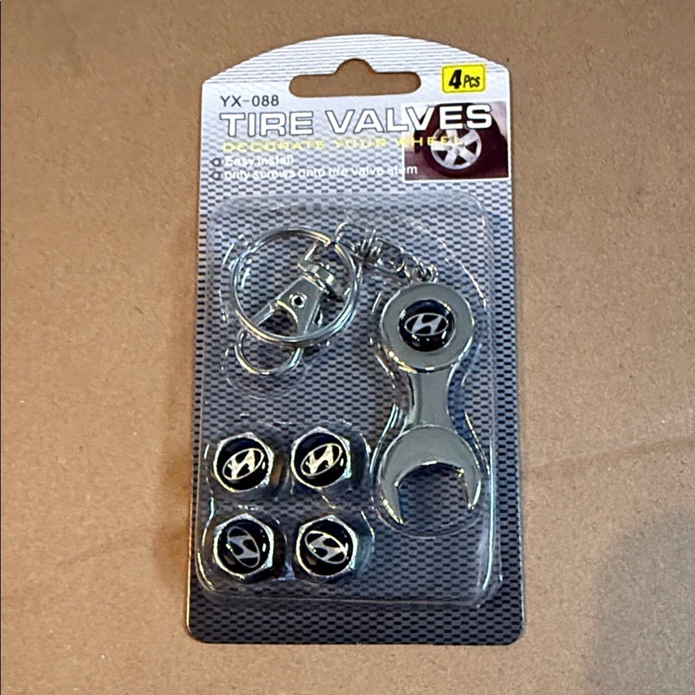 Hyundai Tire Valve Caps and Keychain Set - Black and Silver